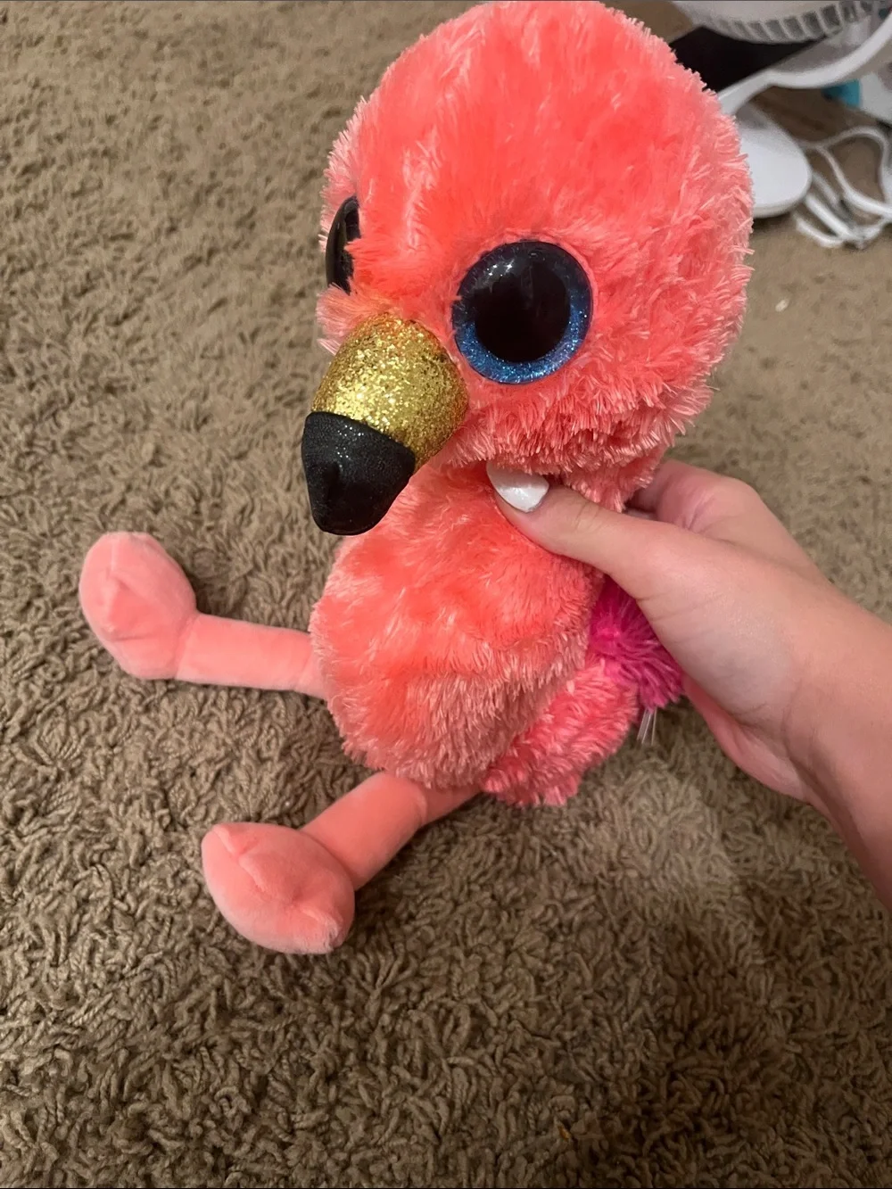 Ty Coral-Pink Flamingo Plush with Gold Beak and Blue Eyes